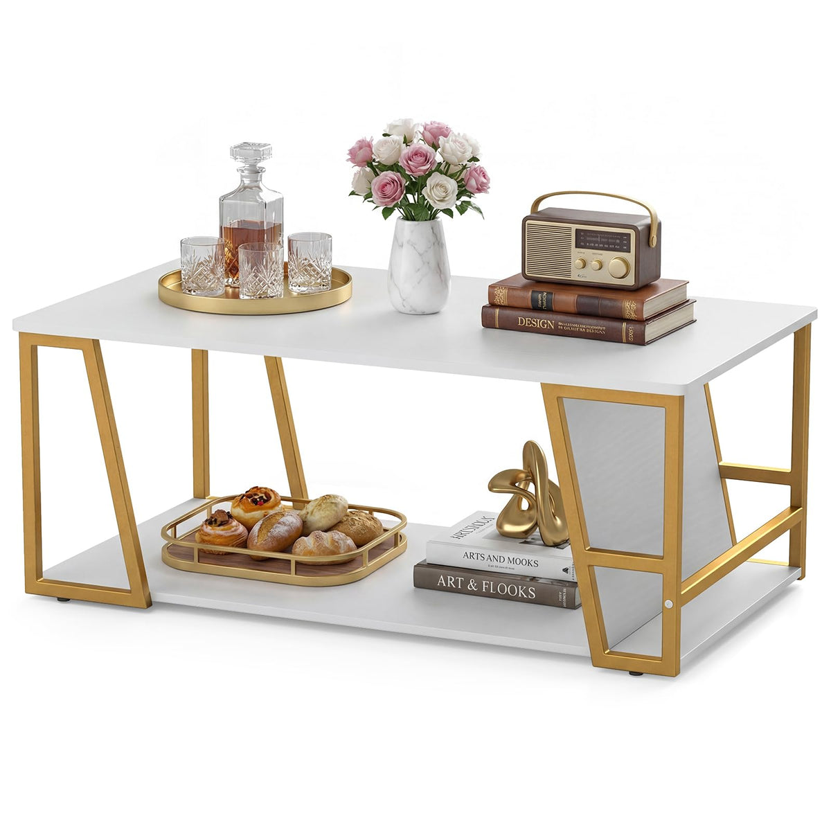Rectangle Coffee Table 2-Tier with Storage Shelf and Compartment for Living Room