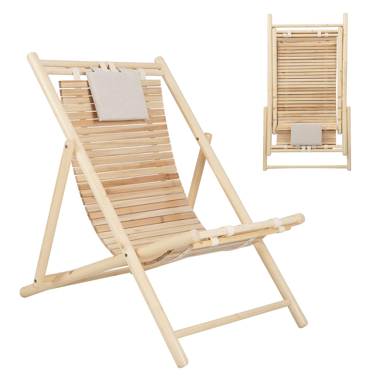 Outdoor Folding Sling Chair, Solid Fir Wood Lounge Chair with 3-Level Adjustable Backrest and Soft Padded Headrest