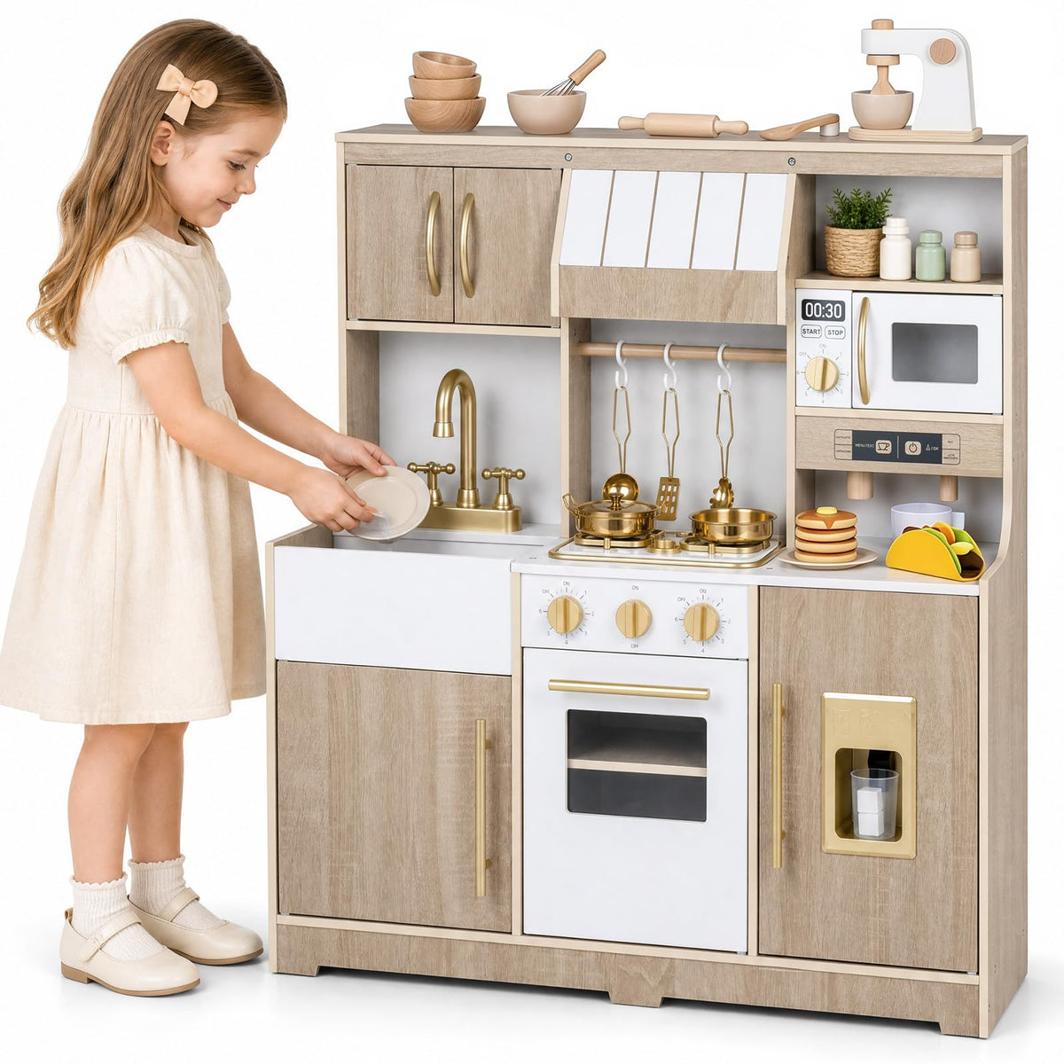 Wooden Play Kitchen with Lights & Sounds and Ice Maker Stove Sink for Toddlers Ages 3+