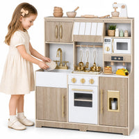 Wooden Play Kitchen with Lights & Sounds and Ice Maker Stove Sink for Toddlers Ages 3+