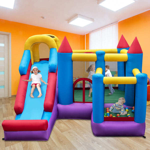 Inflatable Kids Bouncy House, Jumping Castle Trampoline, w/Slide, Jump Area, Climbing Wall, Basketball Hoop
