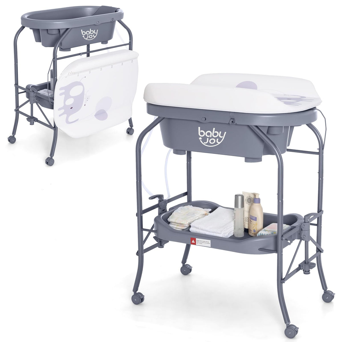 2 in 1 Baby Changing Table with Bathtub, Folding Diaper Dresser Station for Newborn Infant with Wheels