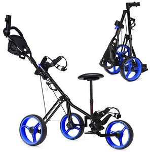 3-Wheel Folding Golf Push Cart, Multifunctional Push Pull Golf Trolley with Adjustable Handle