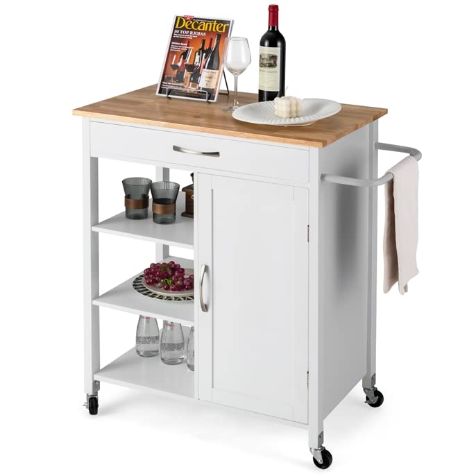 Giantex Kitchen Cart with Rubber Wood Top, Movable Kitchen Island with 3-Tier Open Shelf