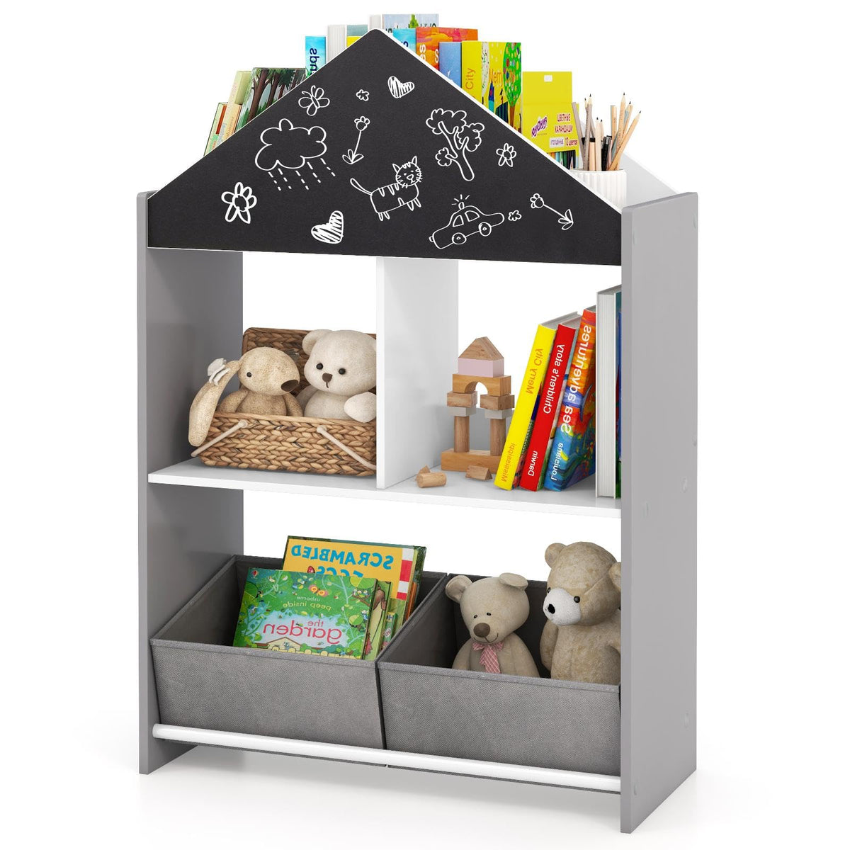 Playhouse Kids Bookshelf with Writable Chalkboard and Whiteboard
