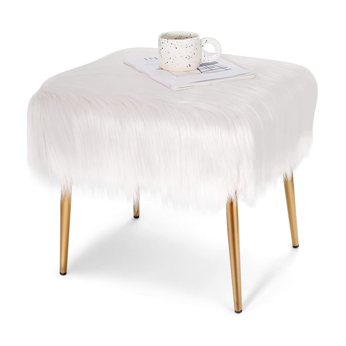 Giantex Faux Fur Vanity Stool, Square Furry Ottoman Seat w/Golden Metal Legs