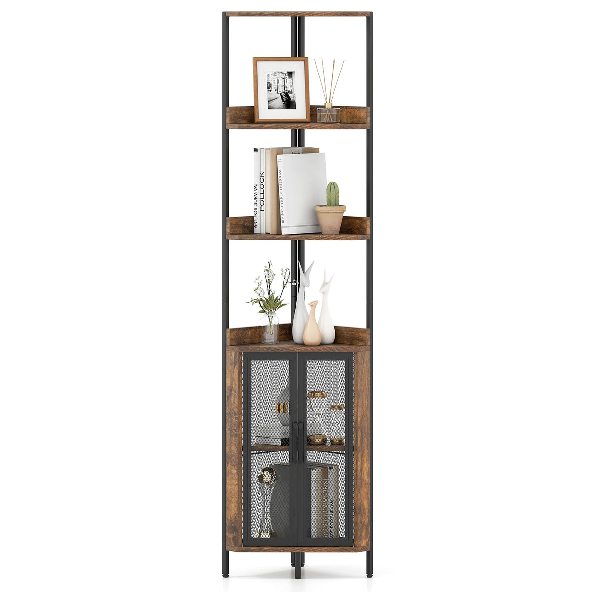 170cm Tall Corner Bookshelf with Cabinet and Doors for Living Room and Bedroom