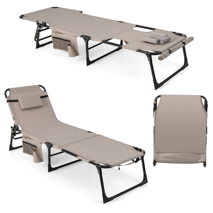 Folding Convertible Camping Lounger w/Face Hole & Pillows & Storage Pocket, 5-Position Adjustable Backrest
