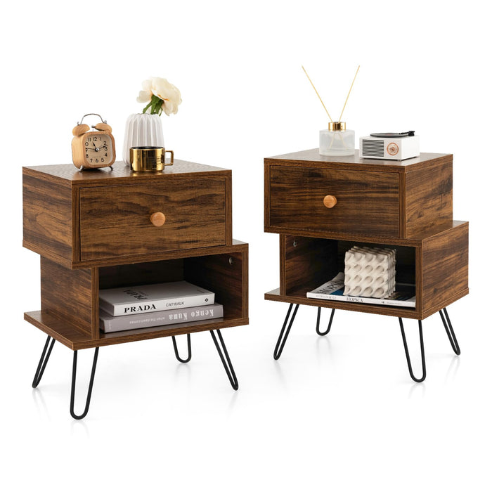 Giantex Nightstand Set of 2, Irregular Wooden Nightstand w/Elevated Metal Feet