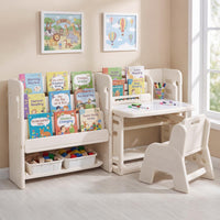 Kids Desk and Chair Set, Children Writing Desk with Side Bookshelves & Storage Baskets