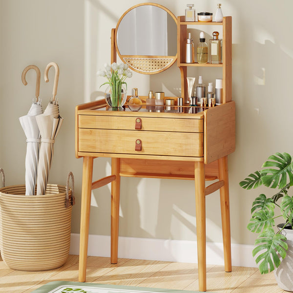 Small Vanity Desk with Mirror, Compact Makeup Table with 2 Drawers