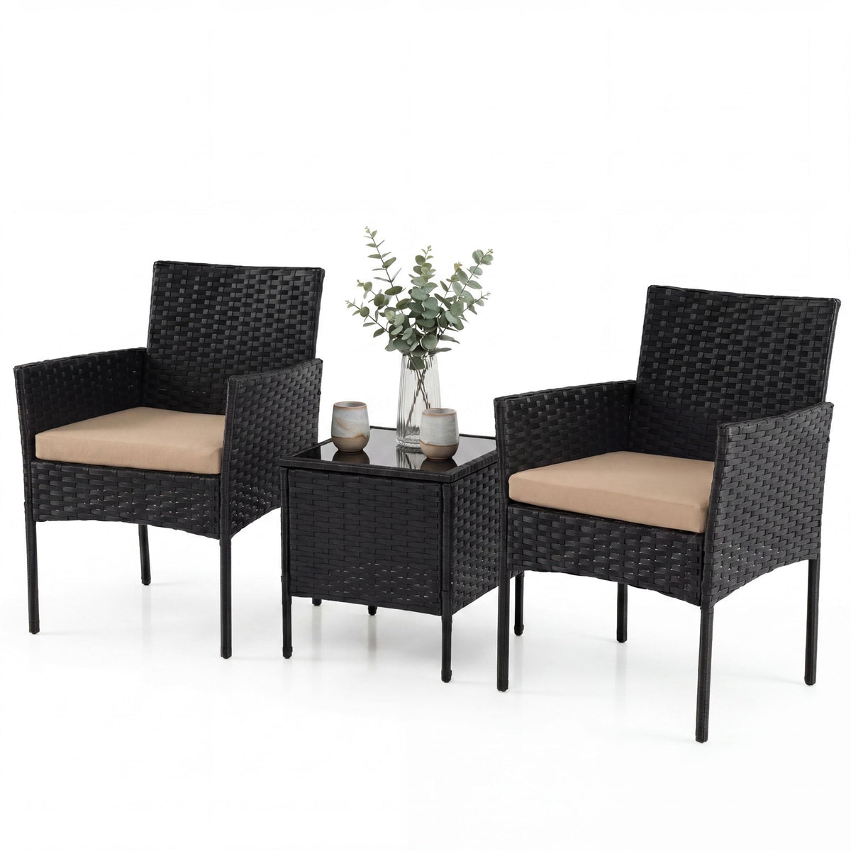 PE Rattan 3-Piece Patio Bistro Set with Tempered Glass Table