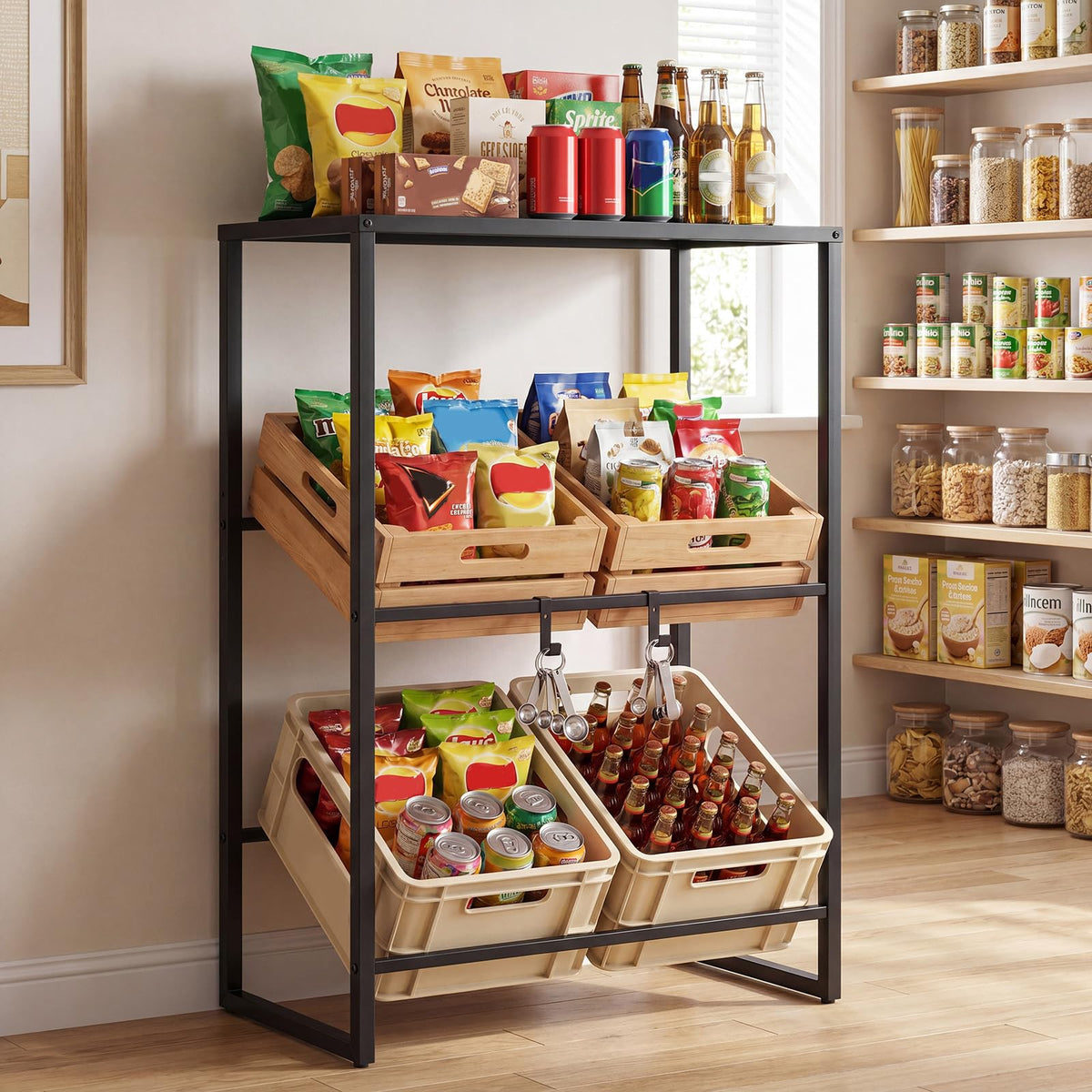 Giantex 3-Tier Drink Crate Shelf, Heavy-duty Metal Storage Rack with 2 Hanging Hooks