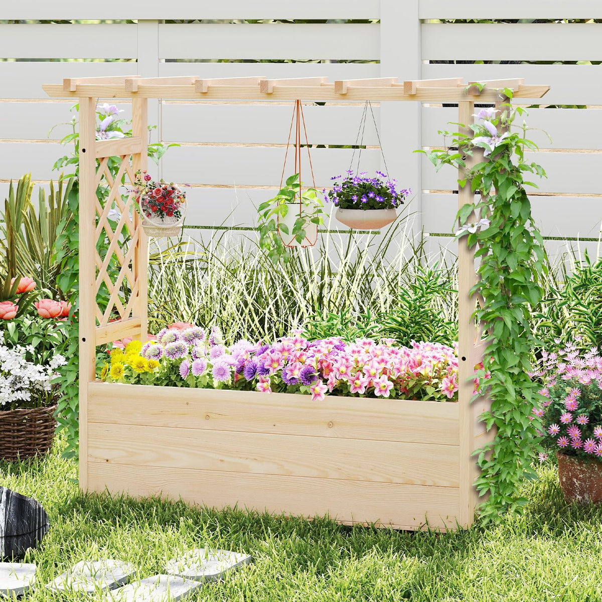 Raised Garden Bed with Trellises, Hanging Roof, Elevated Planter Box