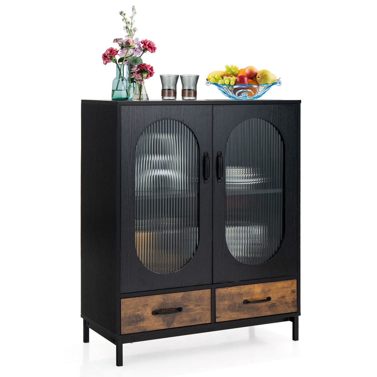 Industrial Buffet Sideboard, Floor Coffee Bar Cabinet w/Tempered Glass Doors & 2 Pull-Out Drawers