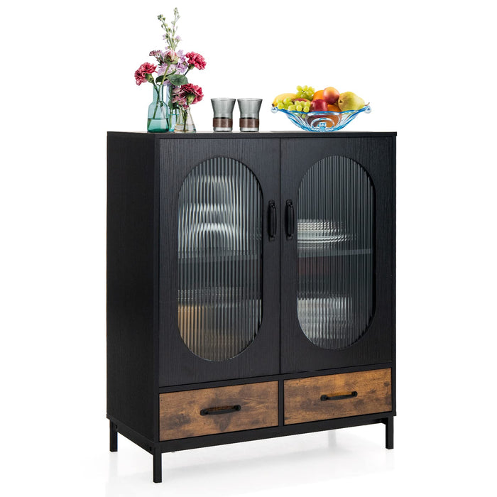 Industrial Buffet Sideboard, Floor Coffee Bar Cabinet w/Tempered Glass Doors & 2 Pull-Out Drawers