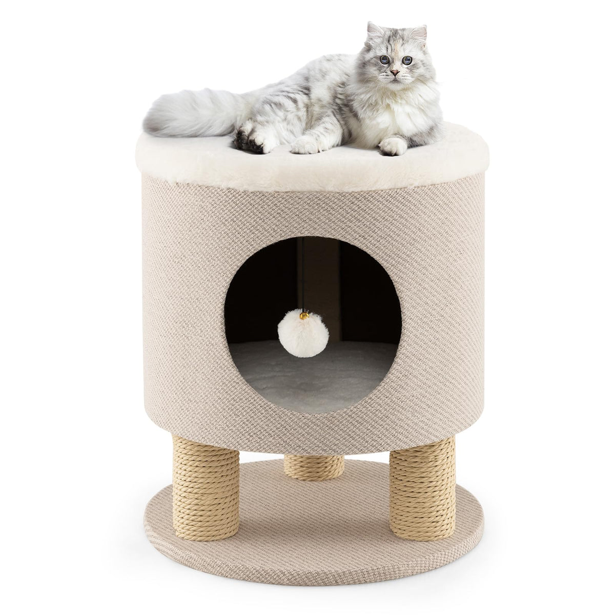 Cat Condo Stool for Indoor Cats, Pet House Ottoman & Kitty Bed with Scratching Posts & Plush Ball Toy