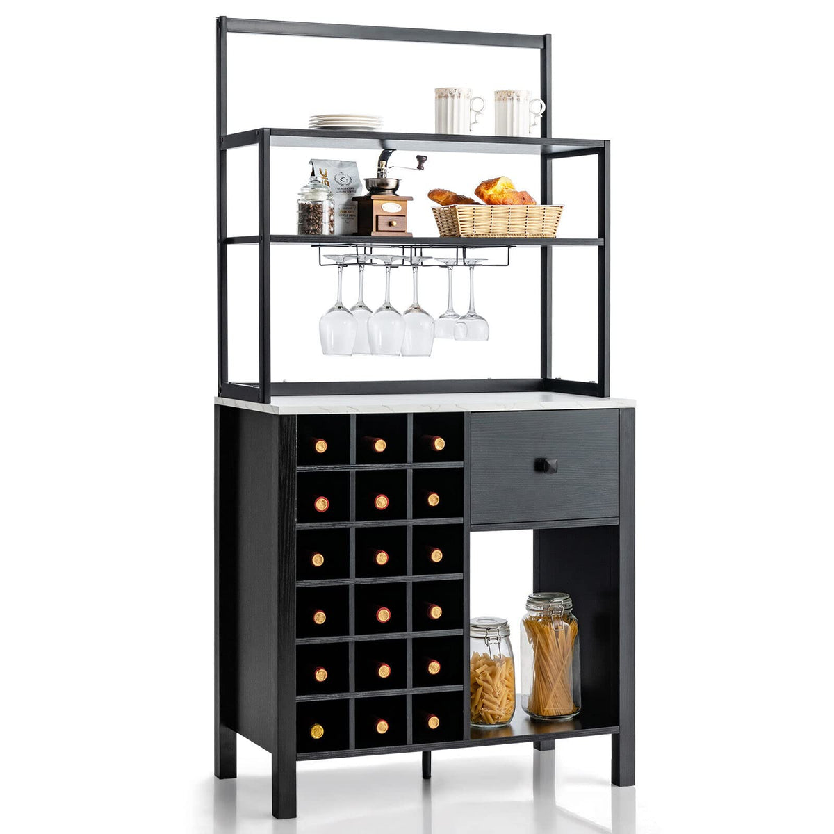 Giantex Kitchen Wine Rack, Freestanding Cabinet w/ Wine Glass Holder & Drawer, 4-Tier Bakers Rack