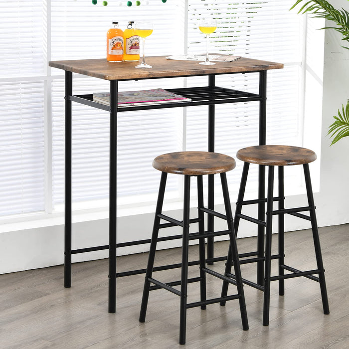 3Pcs Dining Table Stools Set, High Bar Table w/Storage Shelf, 2 Bar Stools w/Footrests (Rustic Brown)