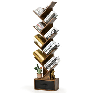 Giantex 10-Tier Tree Bookcase, Floor Standing Bookshelf w/Drawer for CDs/Movies/Books