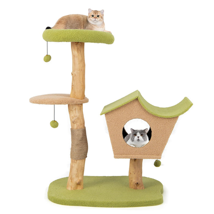110 CM Cat Tree, Solid Wood Cat Tower with Padded Top Perch