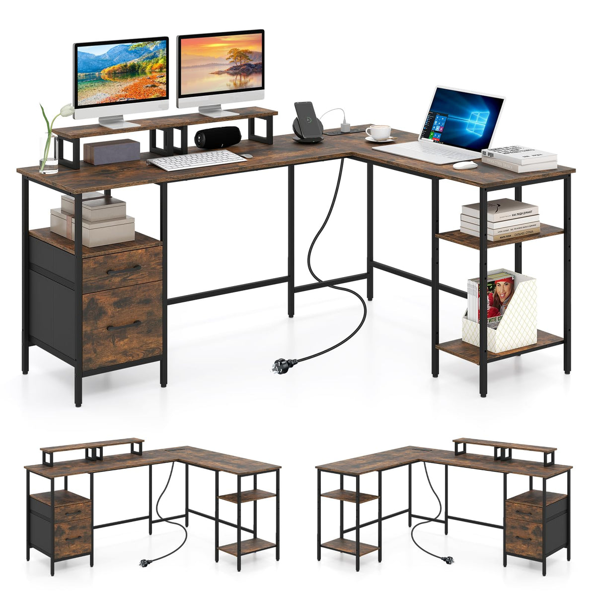 Giantex L-Shaped Desk with Power Outlets, Reversible Corner Desk