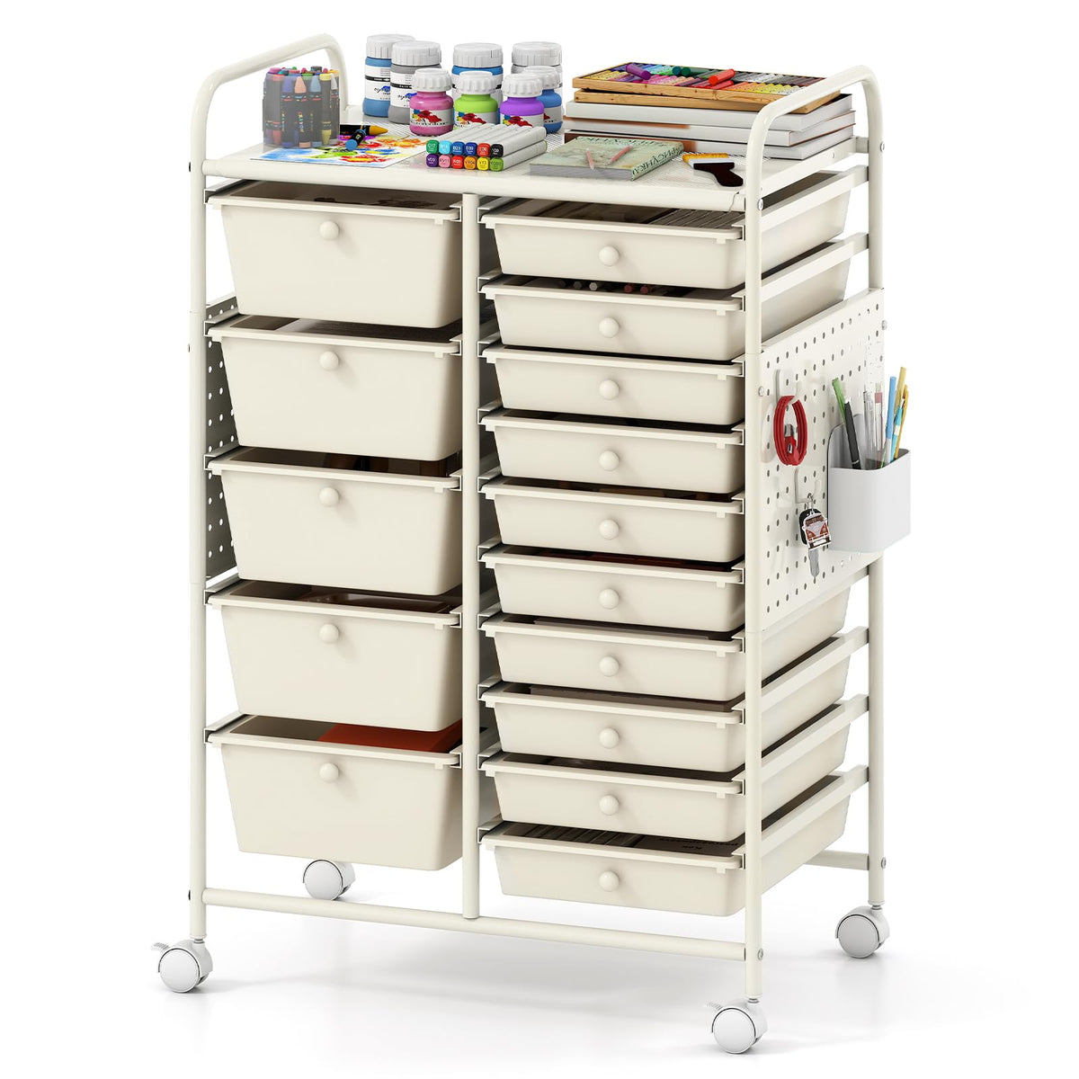 Giantex 15-Drawer Rolling Cart with Pegboard & Metal Frame
