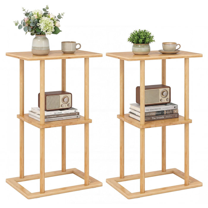 2 Pieces Side Table with Storage Shelves and Bamboo Construction for Living Room