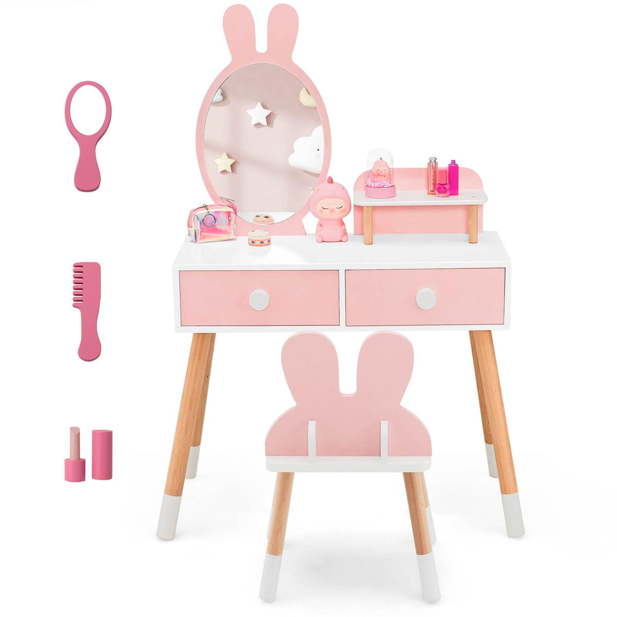 Kids Vanity Table and Chair Set with Removable Mirror and 2 Large Drawers for Toddlers