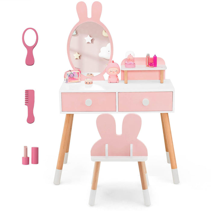 Kids Vanity Table and Chair Set with Removable Mirror and 2 Large Drawers for Toddlers