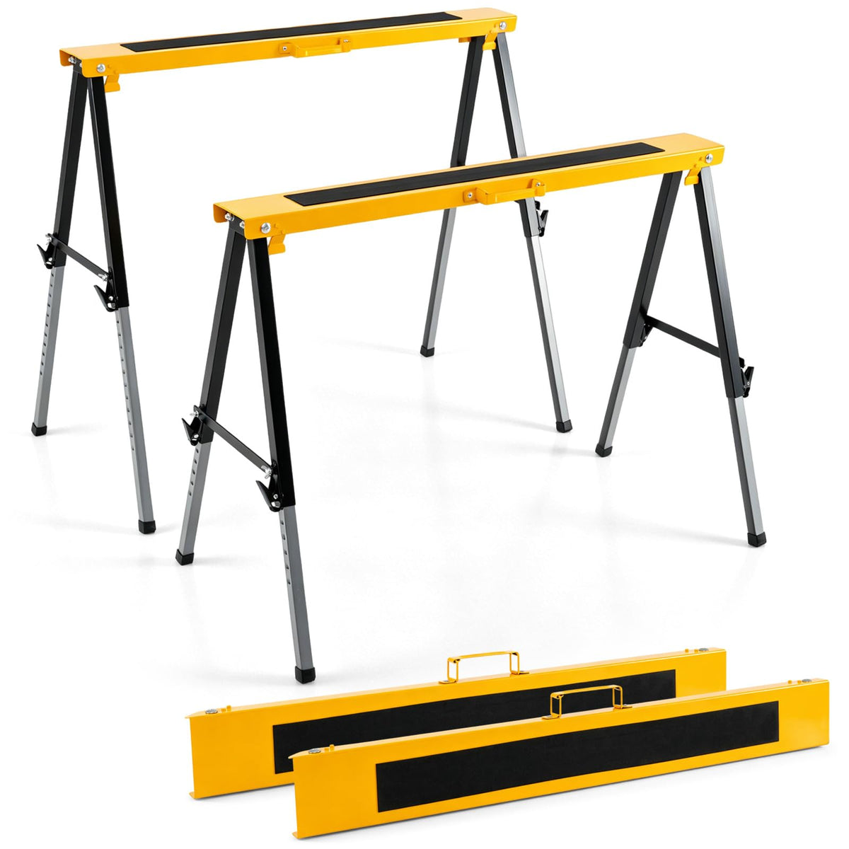 2 Pack Folding Heavy Duty Metal Saw Horses with 12 Adjustable Leg Heights and Carry Handles