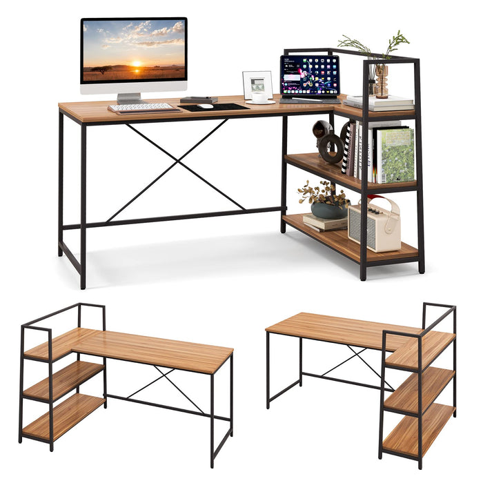 Giantex L-Shaped Computer Desk, Reversible Corner Desk with 3-Tier Storage Shelf & Metal Frame