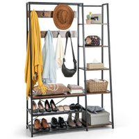 Hall Tree with Storage Bench with 9 Hooks 5 Side Shelves and 2 Mesh Shelves