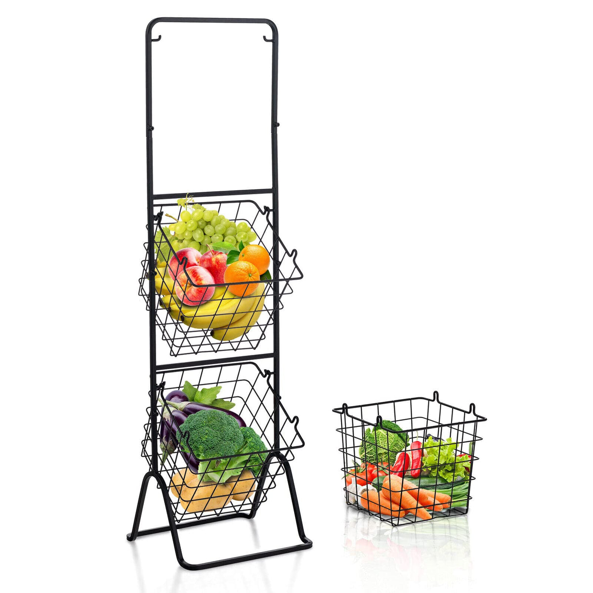 Giantex 3-Tier Fruit Basket Stand, 50kg Capacity Kitchen Metal Market Basket Stand w/ 3 Removable Hanging Wire Bowls, Adjustable Heights