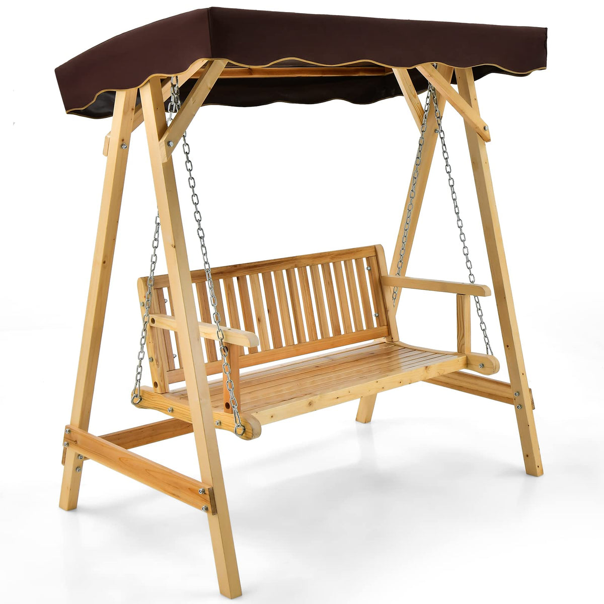 Wooden Garden Swing Chair, 2 Person Canopy Swing w/Weather-Resistant Canopy