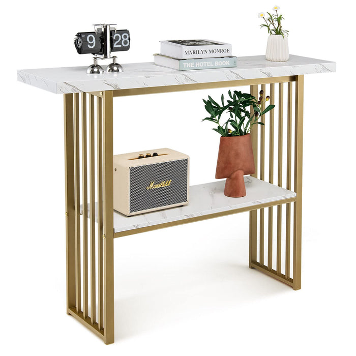 Giantex 2-Tier Console Table, White Faux Marble Sofa Table w/Open Shelf, Gold Steel Frame