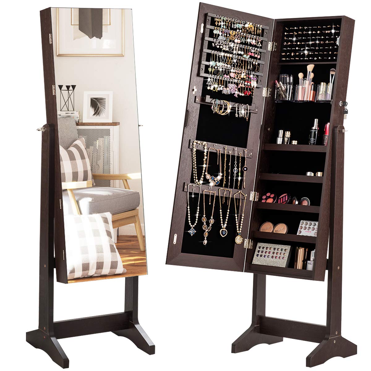 Giantex Jewelry Cabinet with Full Length Mirror, Shelves & Lock