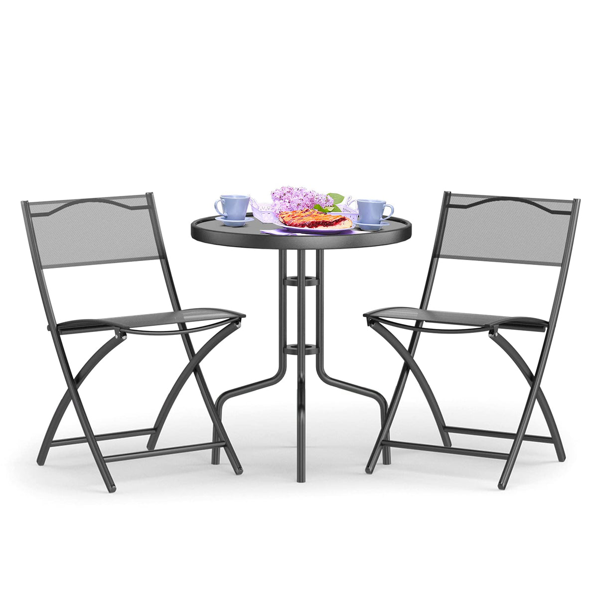 3-Piece Patio Bistro Set, Outdoor Bistro Table Set with Round Black Tempered Glass Tabletop and 2 Folding Chairs