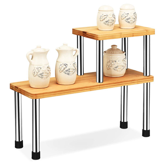 Giantex 2-Tier Storage Shelf, Premium Bamboo & Stainless Steel Corner Shelf, Storage Rack Display Shelf