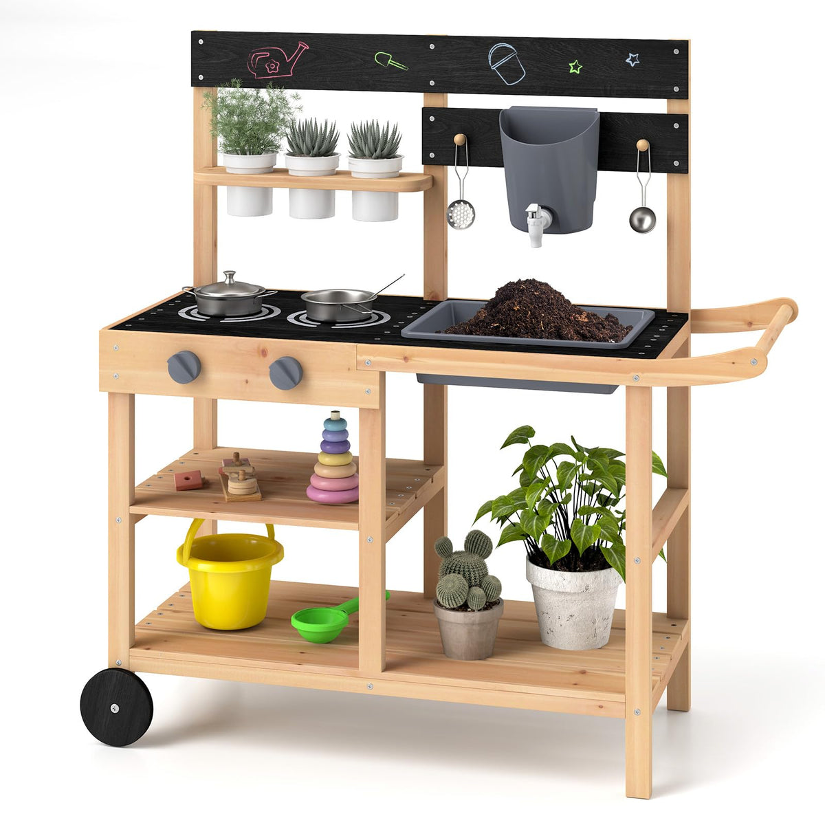 Outdoor Fir Wood Play Kitchen w/Blackboard, Planting Pots, Sink
