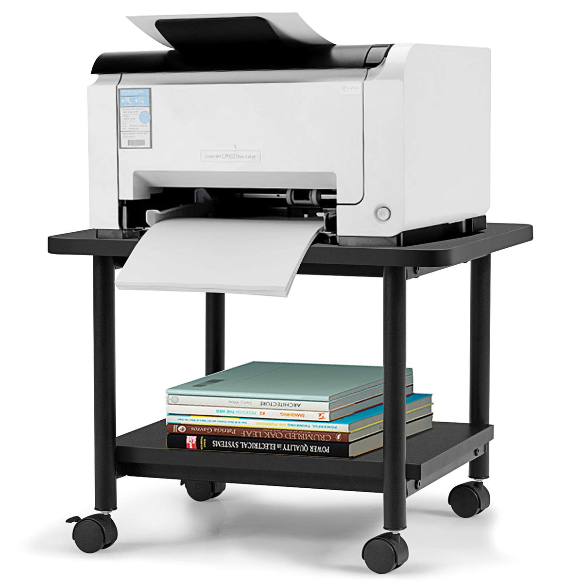Under Desk Printer Stand, 2-Tier Printer Cart Rack w/Wood Storage Shelf