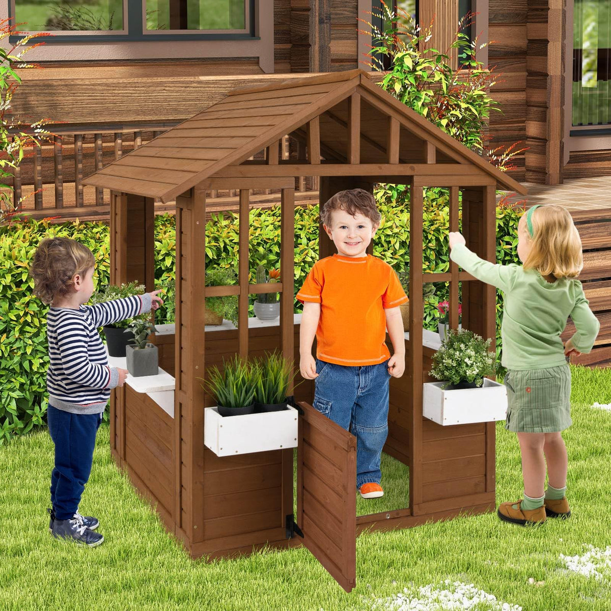 Outdoor Playhouse with Windows and Serving Stations for 2+ Years Old