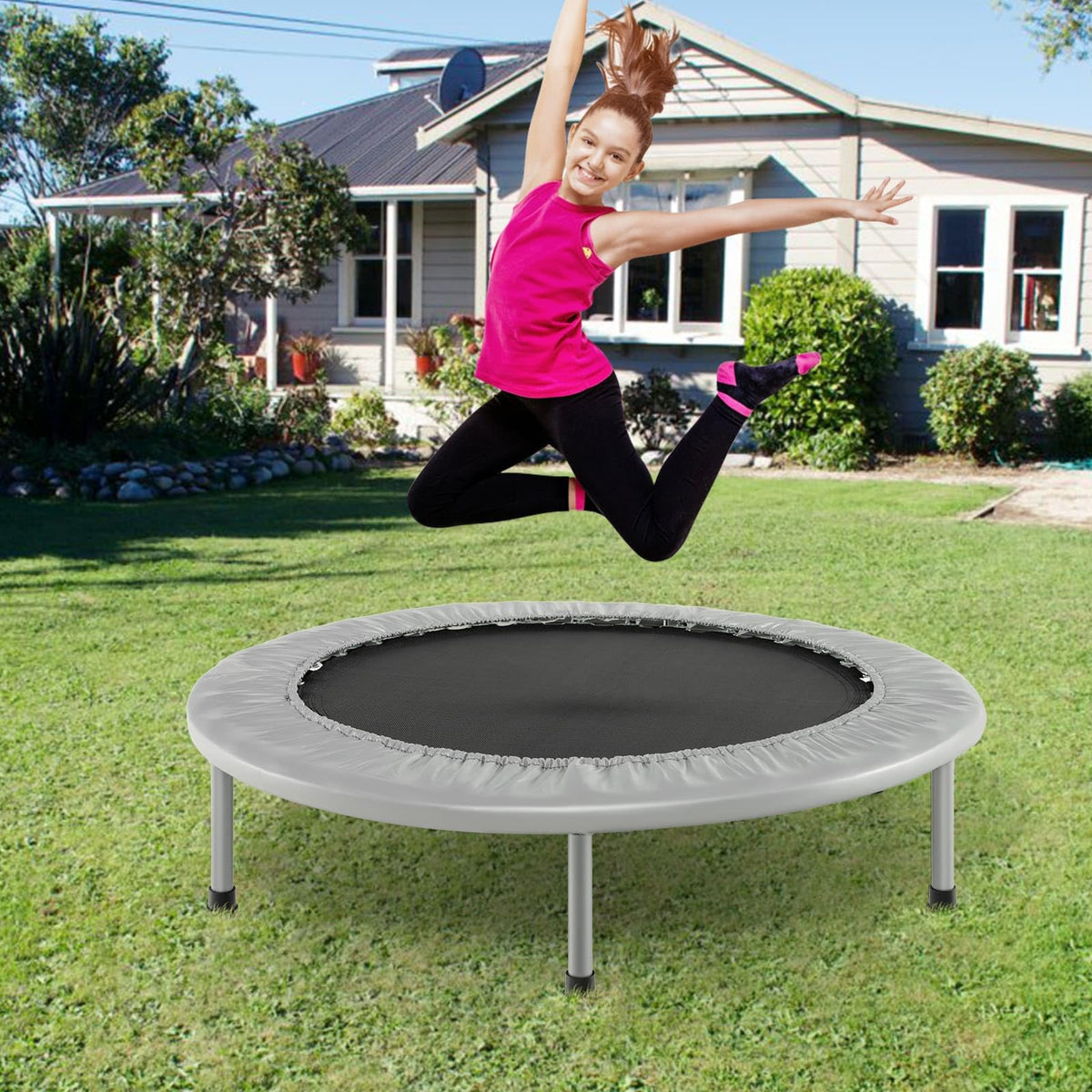 38” Mini Folding Trampoline, Portable Recreational Fitness Rebounder for Kids, Max Load 150kg