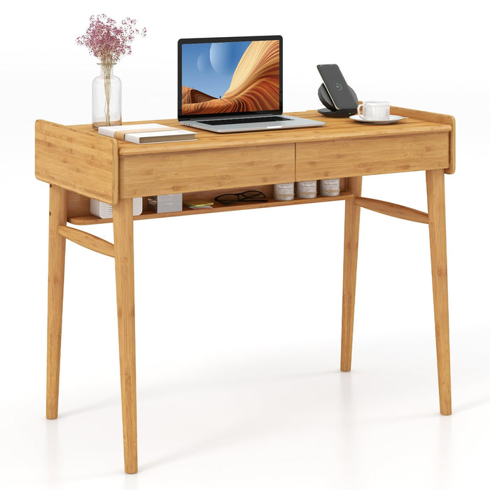 Giantex Mid Century Modern Bamboo Computer Desk, 100cm Writing Desk with 2 Storage Drawers and Open Shelf