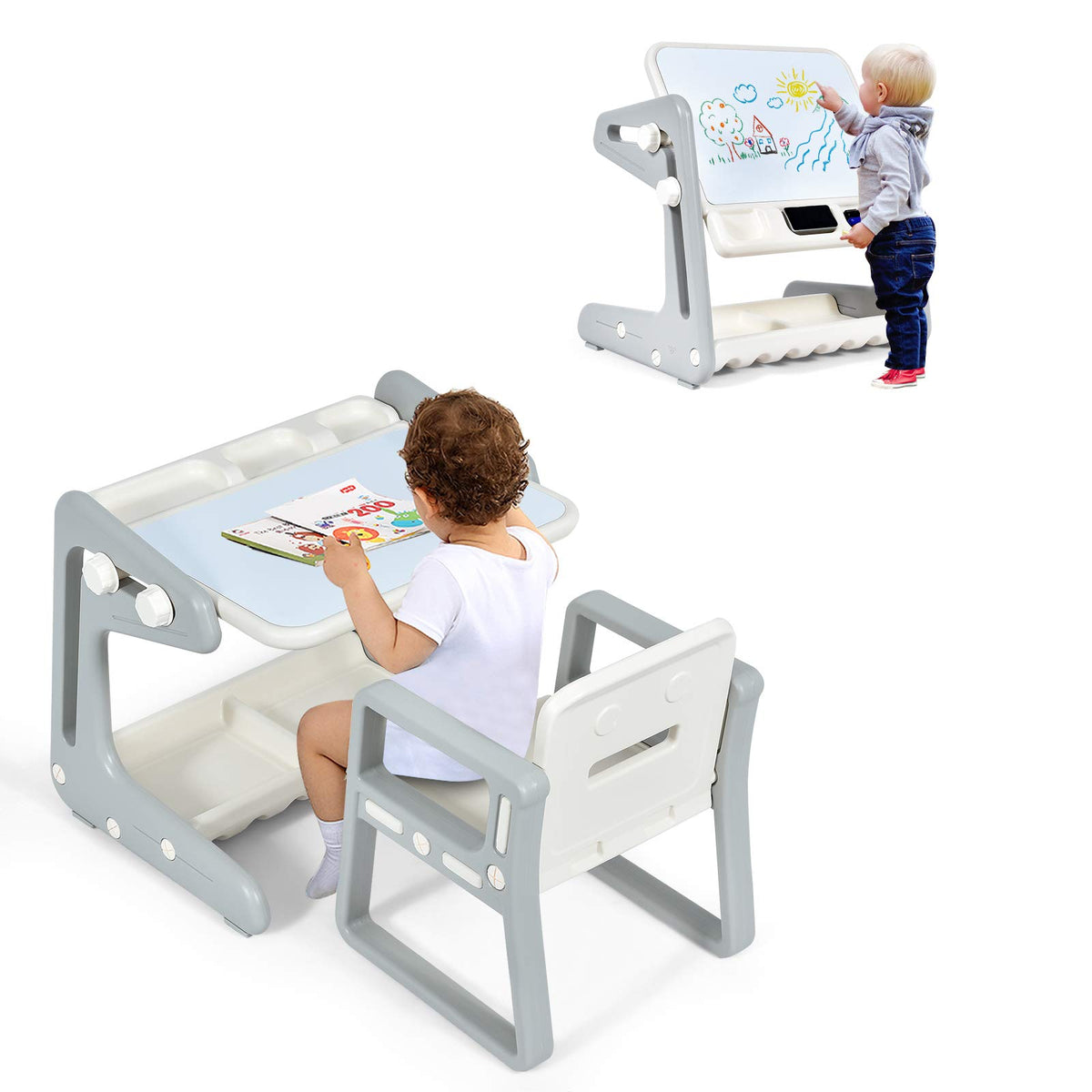 Kids Table & Chair, 2 in 1 Toddler Art Easel w/Adjustable Painting Board