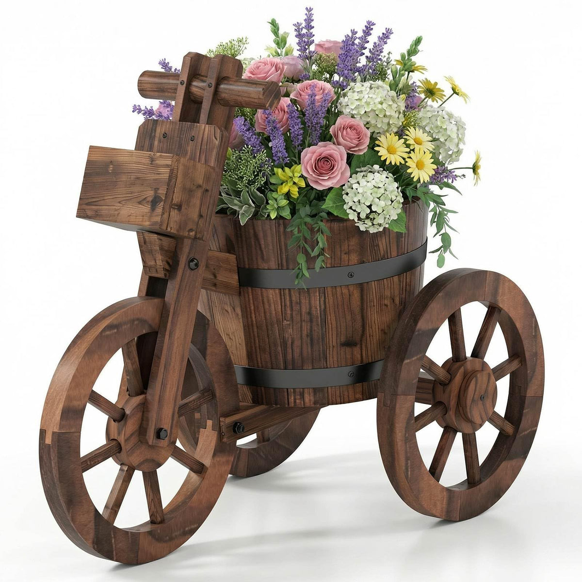 Wood Tricycle Flower Cart Planter with Drainage Hole and Storage Box