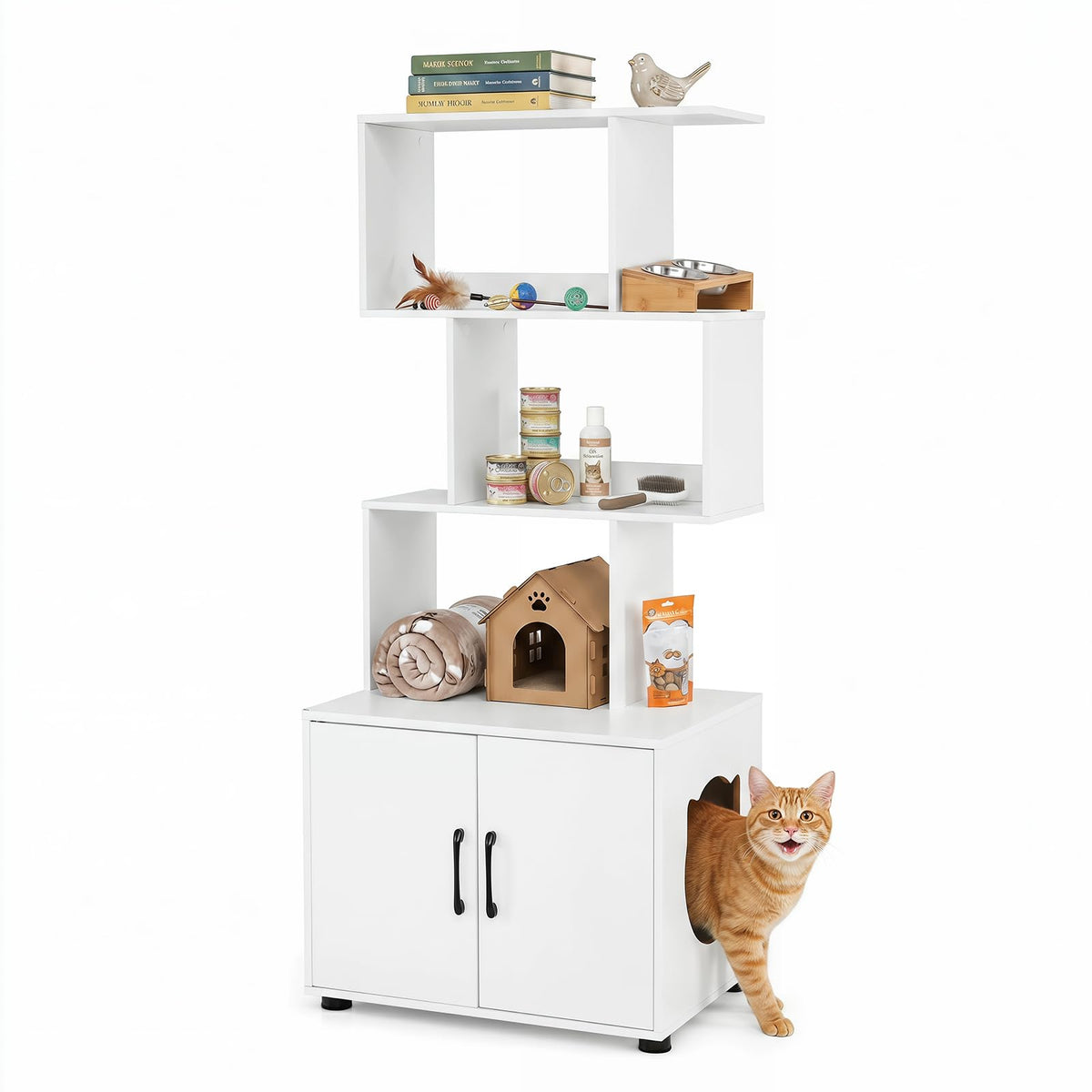 142 cm Tall 2-in-1 Cat Litter Box Enclosure w/Storage Pet House Corner Bookshelf