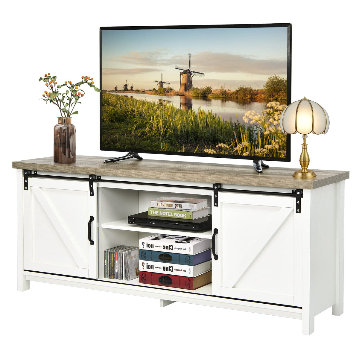 Giantex TV Stand for 65” Television, 2 Center Compartments & 2 Cabinets, Wooden TV Cabinet