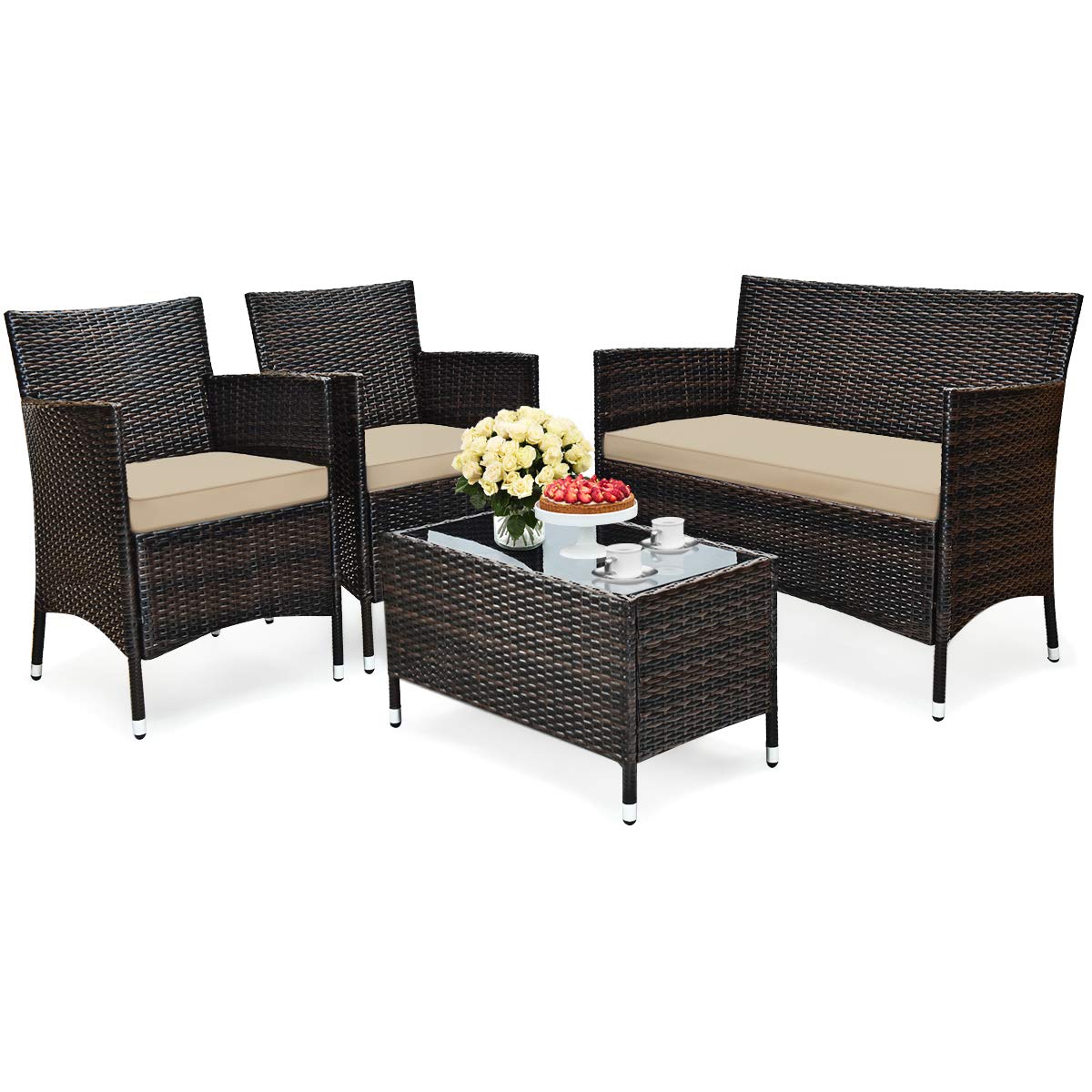 4PCS Outdoor Furniture Setting Garden Patio Wicker Dining Lounge Set Table Chair