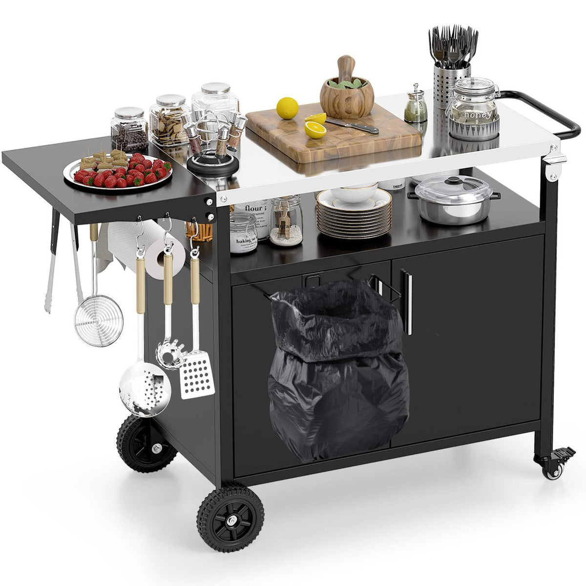 Grill Cart with Storage Outdoor Kitchen Island with Folding Stainless Steel Top